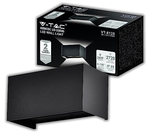 V-TAC Lampada da Parete Rettangolare per Esterno o Interno 24W Applique da Parete Nera Lampada Muro Doppio Fascio Luminoso per Giardino, Terrazzo, Balcone IP65 Luce Calda