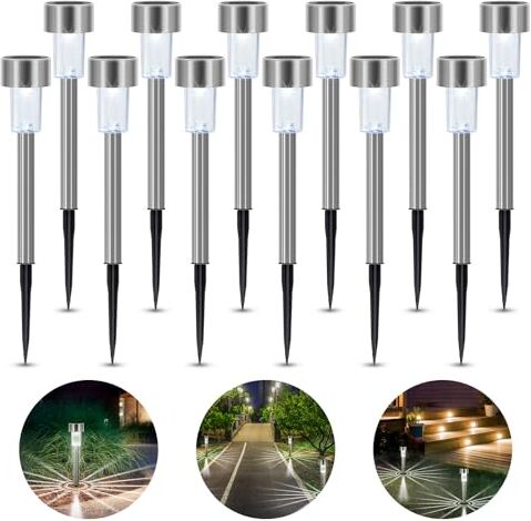 Aigostar Lampade Solari da Giardino 12 pcs Luci Solari Esterno Giardino con Luce Bianca Freddo, IP44 Impermeabile Luce Solari Esterno Giardino in acciaio inossidabile, Auto On/Off,Stella