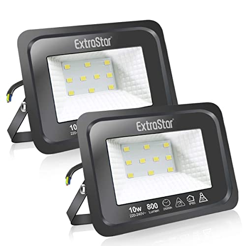 EXTRASTAR Faretti a LED per esterni 10W Potenti luci IP65,Luce Bianca Fredda 6500K di sicurezza per terrazza, giardino, patio, parco, garage ,2 Pezzi