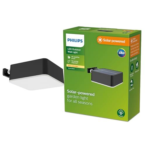 Philips LED Vynce Luce Solare da Parete per Esterni, Quadrata, Luce Bianca Calda, 1.5W, IP44, Nero