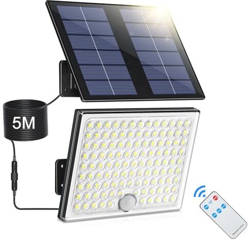 Realky Faretto Led da Esterno Solare con Sensore di Movimento, Luce Solare Led Esterno con Telecomando, 2000mAh 3 Modes IP65 Impermeabile Lampada Solare da Esterno con Pannello Solare per Giardino, 1 Pezzo