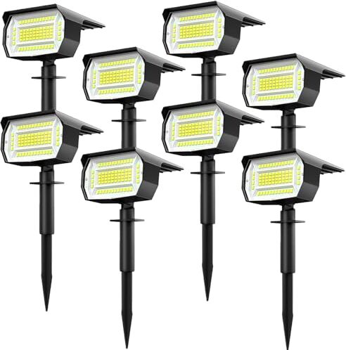 LOTMOS 8 Pezzi Luci Solari da Giardino Potenti, 72 LED Faretti Solari a LED da Esterno, Faretto Lampade Solare 3 Livelli di Luminosità, Impermeabile Lampioni Solari da per Cortile, Alberi (Bianco Freddo)