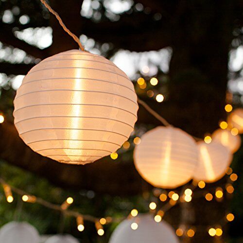 Lights4fun Catena di 10 lanterne in tessuto impermeabile bianco con 20 LED connettibile per uso interno ed esterno