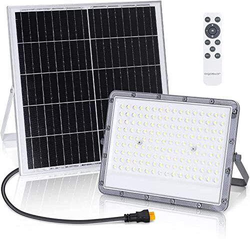 Aigostar Faretto led esterno con pannello solare,200W, luce bianca 6500k. Super luminosa faro con pannello solare. Grado di Protezione IP65/IK08, Faretto solare con telecomando è funzione timer.