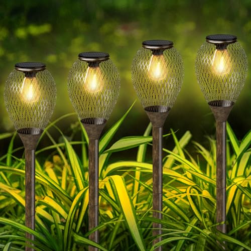 Collasis Luci Solari Esterno, 4 Pezzi Luci Solari da Giardino Aggiornato Metallico Vintage Bianco Caldo IP65 Impermeabile Auto On/Off Lampade Solari da Giardino per Patio, Cortile, Vialetto, Prato