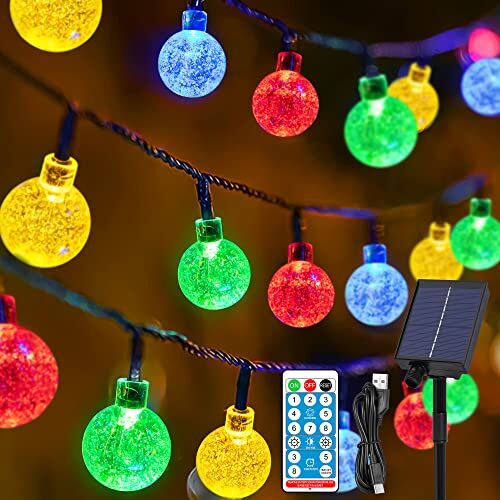 HALOY Catena Luminosa Esterno Solare & USB, Impermeabile IP65 Cristallo Globo Lucine Decorative Solari Esterno Telecomando Lucine per Giardino, Matrimonio, Prato, Cortile, Albero di Natale (Multicolore)