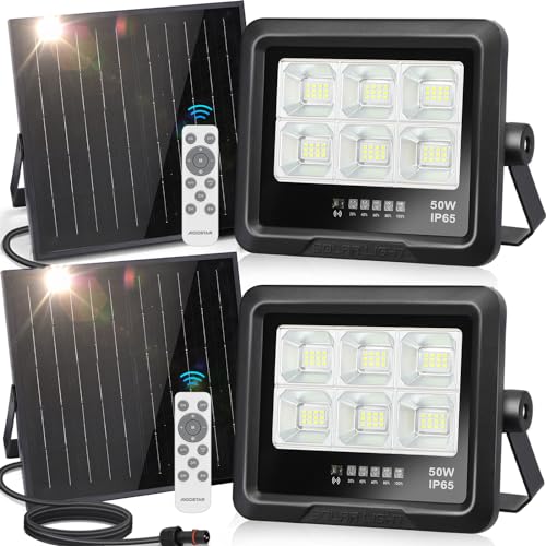 Aigostar Faretto LED Esterno con Pannello Solare 50W, Luce Bianca 6500k. Faretto con Pannello Solare con Telecomando, IP65. Faro LED Solare Regola la Luminosità è Funzione Timer,2 pcs