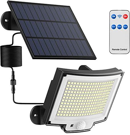 Topabol Luce Solare con Sensore di Movimento [228LED/3Modes] Luci Solari da Esterno con Telecomando, IP65 Impermeabile Lampade Solari con Estensore da 5M Giardino Garage [1 Pezzi ]