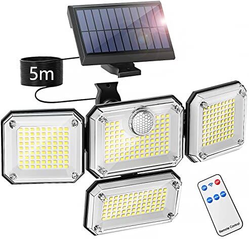 Ulikey 333 LED Luce Solare LED Esterno con Sensore di Movimento, Lampada Solare da Esterno IP65 Impermeabile, 4 Testa Faretti Solari a Led con Angolo di Illuminazione a 270° per Giardino Garage