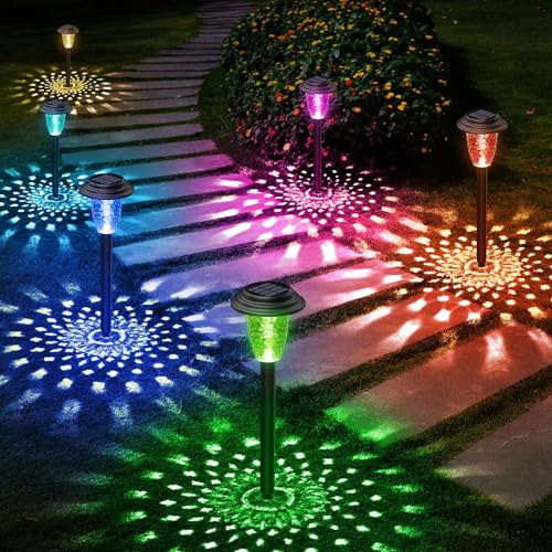 BUCASA 8 Pezzi Lampade Solari da Giardino, Luci Solari Esterno con Colorato LED e Luce Bianca Calda, Impermeabile Luce Solare LED Esterno per Prato Patio Cortile Regalo