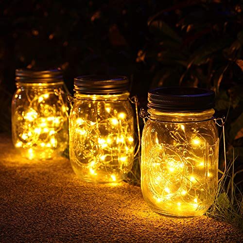 NEWYANG Luci Solari Giardino 3 Pezzi Lampada 30 LED da Esterno Impermeabile barattolo Natale Feste Camera da Letto Decorazioni (Bianco caldo)