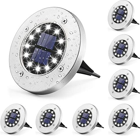 GIGALUMI luci solari da terra a 12 LED, 8 pezzi, luci a energia solare, luci da vialetto, per esterni, terrazze, prato, cortile, povero patio