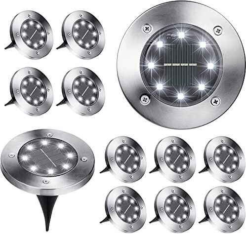 BrizLabs 12 Pezzi Luci Solari Giardino Esterno, 8 LEDs Luce Sepolta Faretti Terra Solare Impermeabile Bianco Freddo Lampada Solare Decorazione per Vialetto Paesaggio Cortile Scala Prato Strade