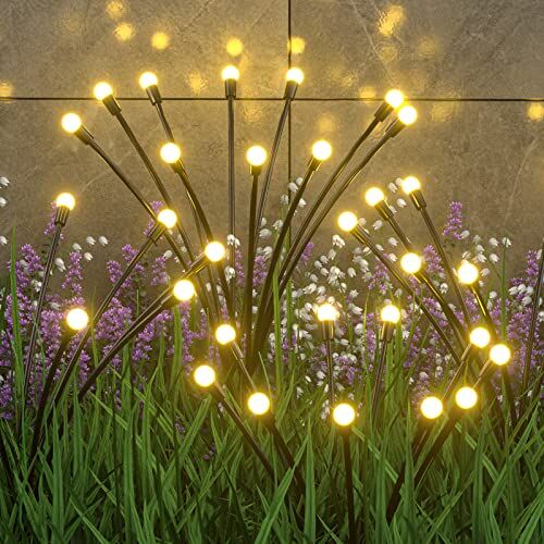 ZWOOS Luci Solari da Esterno Giardino, 4 Pezzi 10 Led Firefly Light Solari, Ip65 Impermeabile Luci Giardino Energia Solare per Sentieri, Cortili, Prato Decoratio, Bianco Caldo，Fisso/lampeggiante