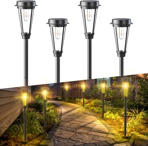 Quntis Luci Solari da Giardino Potenti, 4 PCS Lampada Solare Giardino Esterno, IP64 Impermeabie, Luci Esterno Energia Solare, Lampade Solari da Giardino per Prati, Cortili, Vialetti, Balconi