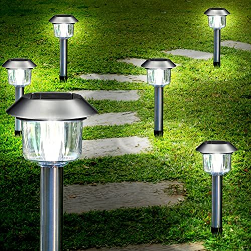 Aigostar Lampada Solare Giardino 6 pcs Luci Solari Esterno Giardino con Luce Bianca Freddo, IP44 Impermeabile Faretti Solari Luce, Auto On/Off Inox Paesaggio Strade Luce L125*W125*H366mm