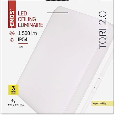 EMOS Lampada da soffitto a LED TORI, impermeabile, 15 W, per interni ed esterni, 1250 lm, quadrata, luce bianca calda 3000 K, per corridoio, bagno, cucina, 22 cm EMOS Lampada da soffitto a LED TORI, impermeabile, 15 W, per interni ed esterni, 1250 lm, quadrata, luce bianca calda 3000 K, per corridoio, bagno, cucina, 22 cm