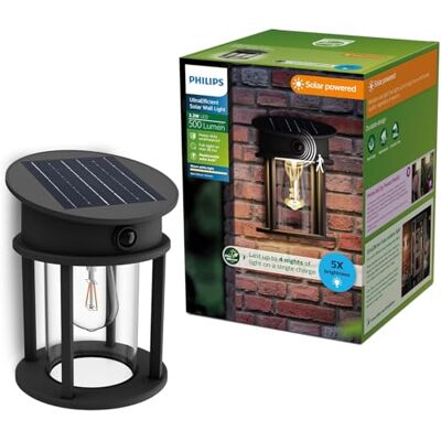 Philips Geri Lampada solare da parete rotonda, per esterni, Ultraefficient, lampadina solare sostituibile, Sensore di movimento, 2700K, Nero Philips Geri Lampada solare da parete rotonda, per esterni, Ultraefficient, lampadina solare sostituibile, Sensore di movimento, 2700K, Nero
