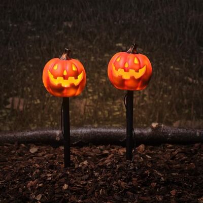 Lights4fun Set Di 2 Decorative Zucca Halloween, Luci LED Bianco Caldo A Paletto, Luce per Sentieri, Decorazione per Esterni, A Batteria con Timer, Cavo Di Alimentazione 50 Cm Lights4fun Set Di 2 Decorative Zucca Halloween, Luci LED Bianco Caldo A Paletto, Luce per Sentieri, Decorazione per Esterni, A Batteria con Timer, Cavo Di Alimentazione 50 Cm