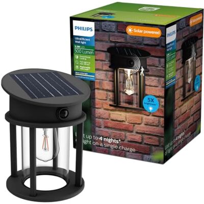 Philips Geri Lampada solare da parete rotonda, per esterni, Ultraefficient, lampadina solare sostituibile, Sensore di movimento, 2700K, Nero Philips Geri Lampada solare da parete rotonda, per esterni, Ultraefficient, lampadina solare sostituibile, Sensore di movimento, 2700K, Nero