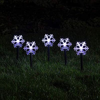 Lights4fun 5 Paletti da Giardino Luminosi a Pile a Fiocchi di Neve con LED Bianco Freddo Lights4fun 5 Paletti da Giardino Luminosi a Pile a Fiocchi di Neve con LED Bianco Freddo