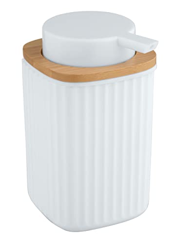 Wenko Dosatore di Sapone Rotello, Dispenser Ricaricabile per 250 Ml di Sapone Liquido, Plastica di Qualità con Dettagli in Bambù, Anche per Detersivo per Piatti, 8,9 X 12,7 X 7,5 Cm, Bianco/Naturale