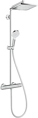 Hansgrohe Crometta E Colonna doccia con miscelatore termostatico, Sistema doccia (240 x 240 mm) con rubinetto, doccetta (2 getti), tubo, asta e soffione doccia quadrato, cromo