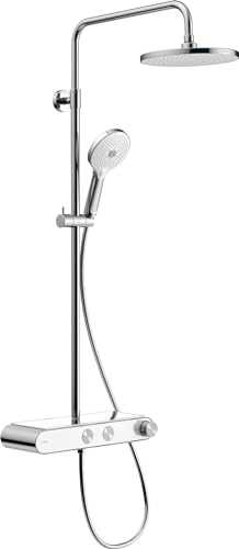 Duravit Sistema doccia, sistema doccia con 3 tipi di getto (Rain, Pulse, Mono), soffione regolabile ad angolo, set doccia facile da pulire, sistema doccia con termostato, cromato/bianco