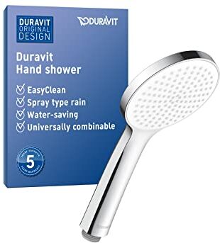 Duravit Universal Doccetta a mano, Doccia con getto Rain, Doccia a mano rotonda (Ø 110 mm), Doccetta con funzione MinusFlow a risparmio idrico, facile da pulire, Cromo/Bianco