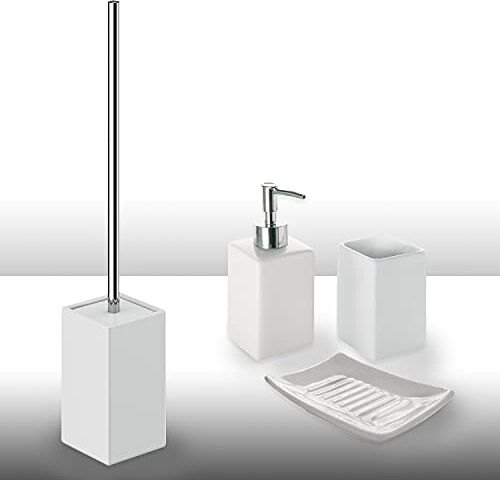 Gedy Queenstown 4 Pezzi, 1 Porta Solido, 1 Scopino WC, 1 Dispenser Sapone, 1 Portaspazzolini da Bagno, Set in Ceramica Ecologica, Finitura Bianca, Design R&S, 2 Anni di Garanzia, Unica