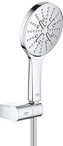 Grohe Rainshower 130 SmartActive  Soffione Doccia a 3 Getti, Ecojoy Portata Limitata a 9,5l/min, Set con Supporto, Cromo Rotondo, 130 mm, Set di 3 Pezzi