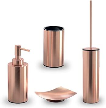 Gedy Set Elettra 4 Pezzi, 1 Portasapone; 1 Scopino WC; 1 Dispenser Sapone e 1 Porta Spazzolino, Serie Realizzata in Acciaio Inox, Colore Oro Rosa