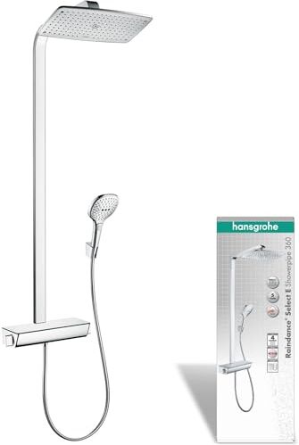 Hansgrohe Raindance E Colonna doccia con miscelatore termostatico, Sistema doccia (360 x 190 mm) con rubinetto, doccetta (3 getti), tubo, asta e soffione doccia quadrato, cromo