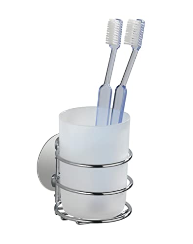 Wenko Turbo-Loc portaspazzolino, fissaggio senza forare, tazza per spazzolini da denti in plastica bianca satinata, staffa cromata di alta qualità, montaggio a parete, 7,5x10x9cm, bianco/cromo