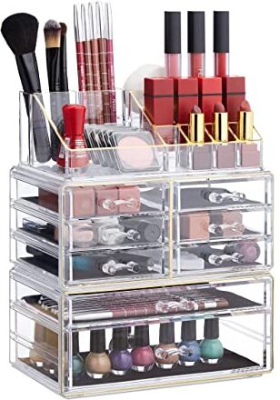 Relaxdays , Trasparente/Oro Organizer Make-Up con Cassetti, Porta-Trucchi e Accessori, Acrilico, 30 x 24 x 14 cm