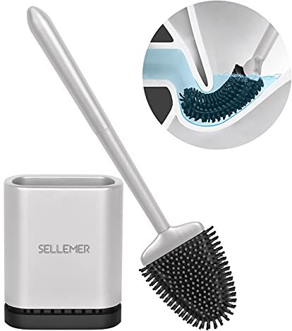 Sellemer Scopino WC Silicone, Scopino Bagno Montaggio a Parete/in Piedi, Scopettino Bagno con Supporto Traspirante ad Asciugatura Rapida, Scovolino WC Flessibile per WC Bagno（Argenteo）