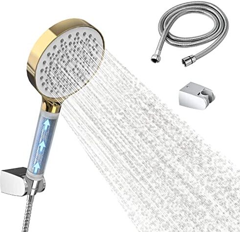 EMKE Soffione doccia con tubo, soffione a risparmio d'acqua, aumento della pressione con filtro, tubo da 1,5 m e supporto, soffione doccia con 6 tipi di getto, aumento della pressione (bianco oro)