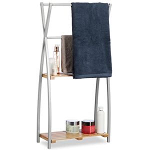 Relaxdays Portasciugamani, Portasalviette, Bagno, 3 Aste, 2 Ripiani, Acciaio e Bambù, 93x46x20 cm, Argentato Naturale Relaxdays Portasciugamani, Portasalviette, Bagno, 3 Aste, 2 Ripiani, Acciaio e Bambù, 93x46x20 cm, Argentato Naturale
