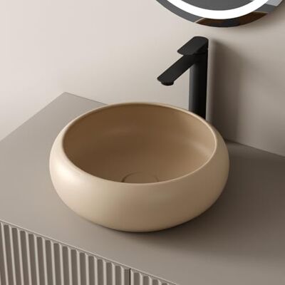 EMKE Lavabo di design rotondo in ceramica, 36 x 36 x 12 cm, colore beige opaco EMKE Lavabo di design rotondo in ceramica, 36 x 36 x 12 cm, colore beige opaco