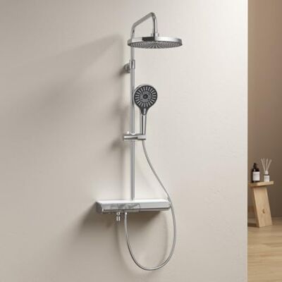 EMKE Sistema doccia con termostato cromato, sistema doccia a pioggia con display digitale, set completo con doccetta 3 tipi di getto, doccia a pioggia con rubinetto, tasti per pianoforte EMKE Sistema doccia con termostato cromato, sistema doccia a pioggia con display digitale, set completo con doccetta 3 tipi di getto, doccia a pioggia con rubinetto, tasti per pianoforte