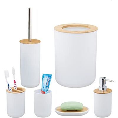Relaxdays Set Bagno Completo, 6 Accessori, in bambù, Kit WC, Porta-Spazzolino, Dentifricio, Sapone e Saponetta, Bianco Relaxdays Set Bagno Completo, 6 Accessori, in bambù, Kit WC, Porta-Spazzolino, Dentifricio, Sapone e Saponetta, Bianco