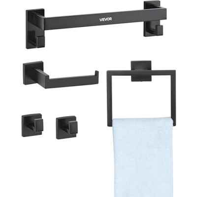 VEVOR Set di Portasciugamani da Bagno 5 pezzi con Barra Portasciugamani Lunghezza 400mm Anello Quadrato 2 Ganci Porta Carta Igienica, per Bagno, Montaggio a Parete, Nero opaco VEVOR Set di Portasciugamani da Bagno 5 pezzi con Barra Portasciugamani Lunghezza 400mm Anello Quadrato 2 Ganci Porta Carta Igienica, per Bagno, Montaggio a Parete, Nero opaco