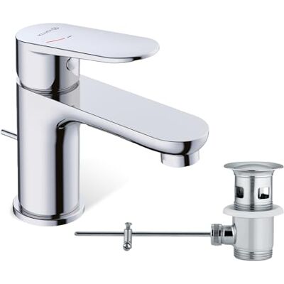 Kludi X1 rubinetto cromato con scarico a tiranti, rubinetto a risparmio idrico per bagno misura S, altezza erogatore 75 mm, cartuccia in ceramica, miscelatore lavabo con tubi di collegamento Kludi X1 rubinetto cromato con scarico a tiranti, rubinetto a risparmio idrico per bagno misura S, altezza erogatore 75 mm, cartuccia in ceramica, miscelatore lavabo con tubi di collegamento