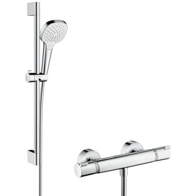 Hansgrohe Croma Select E Sistema doccia esterno Vario con termostatico Ecostat Comfort e asta doccia 65 cm, bianco/cromo, Hansgrohe Croma Select E Sistema doccia esterno Vario con termostatico Ecostat Comfort e asta doccia 65 cm, bianco/cromo,