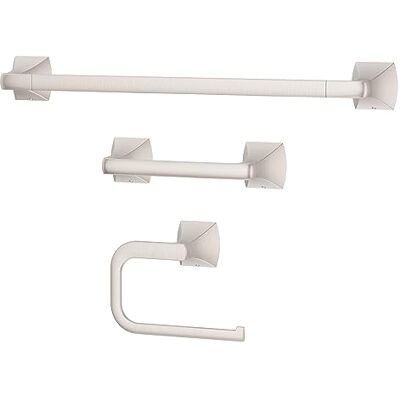 PFISTER Bruxie Set di 3 accessori da bagno con portasciugamani, anello porta asciugamani e porta carta igienica, montaggio a parete, finitura in nichel spazzolato Spot Defense PFISTER Bruxie Set di 3 accessori da bagno con portasciugamani, anello porta asciugamani e porta carta igienica, montaggio a parete, finitura in nichel spazzolato Spot Defense