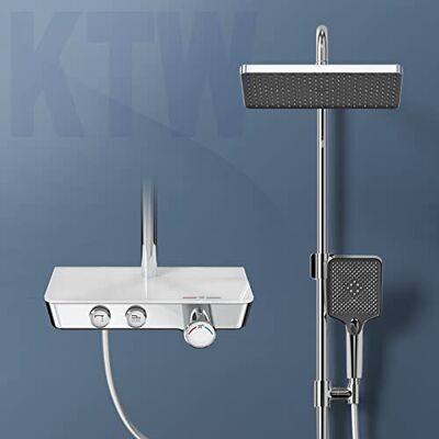 EMKE Kit doccia con termostato, sistema doccia a pioggia, doccetta a 3 getti, kit colonna doccia con piano in vetro, certificato KTW, cromato EMKE Kit doccia con termostato, sistema doccia a pioggia, doccetta a 3 getti, kit colonna doccia con piano in vetro, certificato KTW, cromato