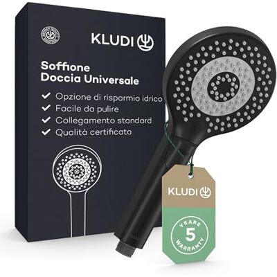 Kludi -X3 Soffione doccia universale a risparmio idrico come opzione, doccino per doccia con 3 tipi di getto (corpo, capelli, pelle), soffione facile da pulire Ø 11,7 cm, doccia soffione nero opaco Kludi -X3 Soffione doccia universale a risparmio idrico come opzione, doccino per doccia con 3 tipi di getto (corpo, capelli, pelle), soffione facile da pulire Ø 11,7 cm, doccia soffione nero opaco