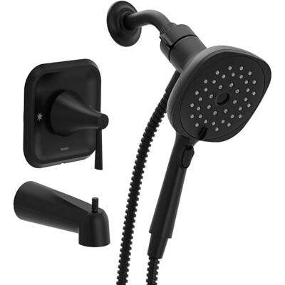 Moen Ronan Rubinetto moderno per vasca e doccia, con doccetta quadrata a pioggia, con magnetix, valvola inclusa, colore: nero opaco Moen Ronan Rubinetto moderno per vasca e doccia, con doccetta quadrata a pioggia, con magnetix, valvola inclusa, colore: nero opaco