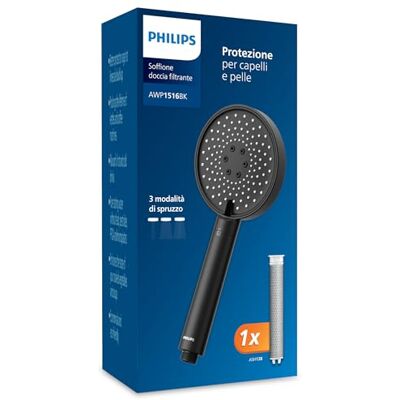Philips Water Filtration Showerhead, Protezione per capelli e pelle, Rimuove efficacemente cloro e altre particelle di grandi dimensioni, Tre modalità di getto, Capacità del filtro di 1 mese, NERO Philips Water Filtration Showerhead, Protezione per capelli e pelle, Rimuove efficacemente cloro e altre particelle di grandi dimensioni, Tre modalità di getto, Capacità del filtro di 1 mese, NERO