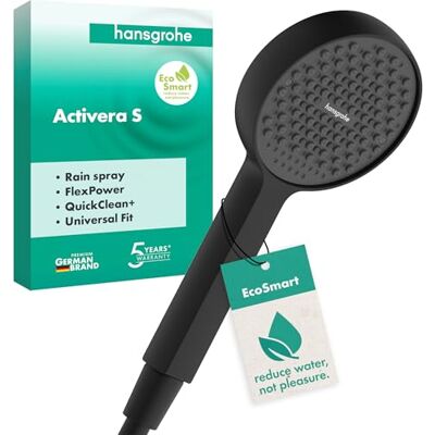 Hansgrohe Activera S Doccetta per doccia a risparmio idrico 8 l/min (EcoSmart), Doccino con 1 getto, Soffione doccia rotondo con funzione anticalcare, nero opaco, Hansgrohe Activera S Doccetta per doccia a risparmio idrico 8 l/min (EcoSmart), Doccino con 1 getto, Soffione doccia rotondo con funzione anticalcare, nero opaco,